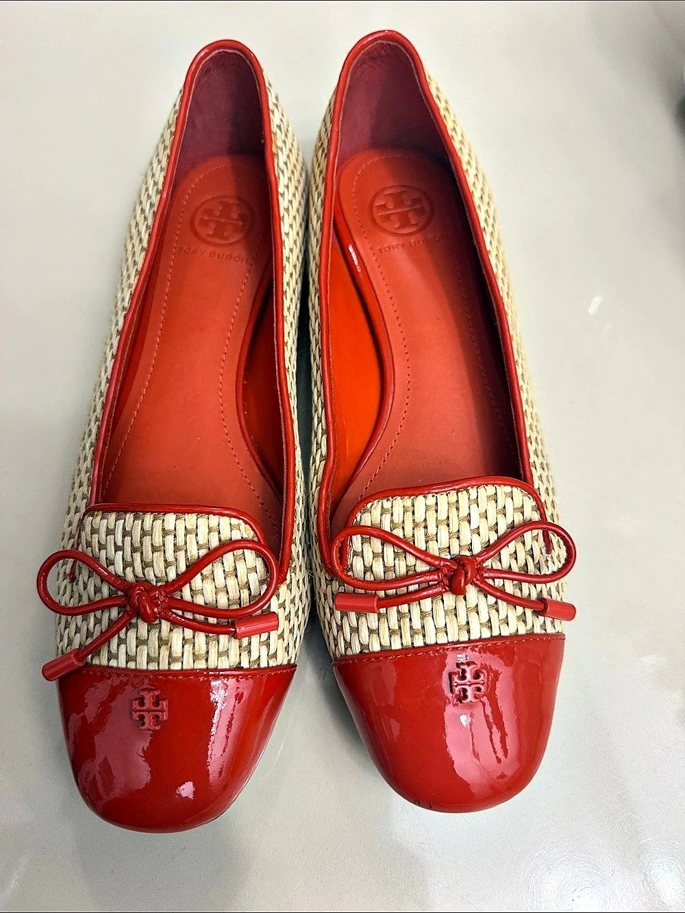 Tory Burch Woven Bow Flats in Red & Cream